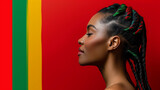 Horizontal poster with African American woman profile for Black History Month. Symbol of struggle for minority rights; proud black girl on red background with copy space and pan-african flag