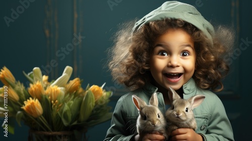 Cute little girl with surprised face holding bouquet of flowers on green background with copy space.
