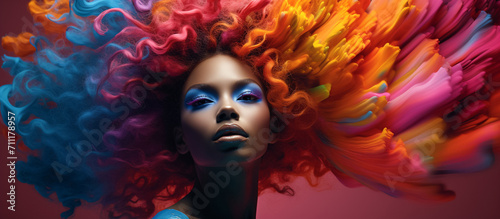 Portrait of beautiful woman with colorful spiral hair with make-up , Fashion design art concept. Generative AI © RainMelon