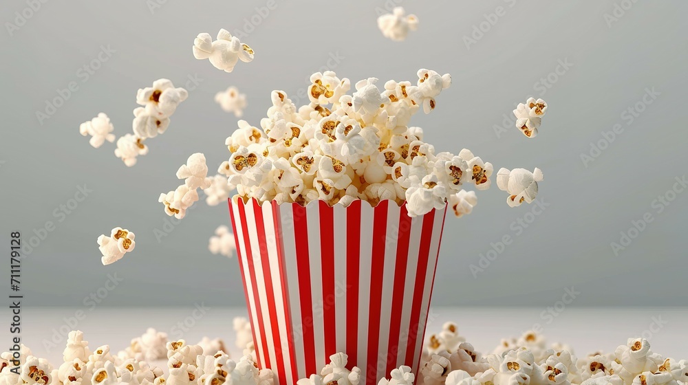 red white paper bucket full of popcorn on isolated transparent background