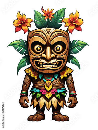 Tiki wooden tribal mascot cartoon character hawaiian ornaments on transparent background illustration