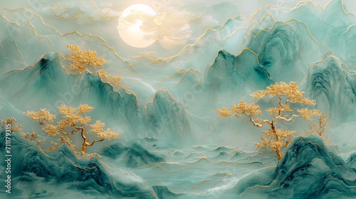 金とヒスイでできたオリエンタルな山の風景 photo