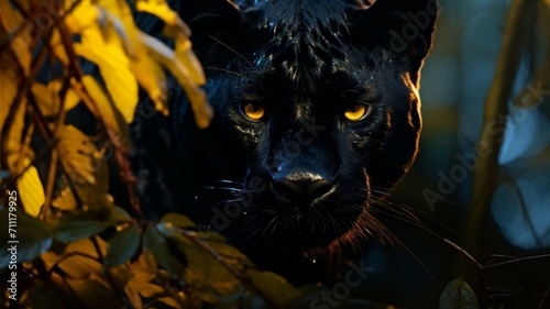 Intense Stare  Close-up of Captivating Yellow Eyes in the Darkness of a Black Panther - AI-Generative