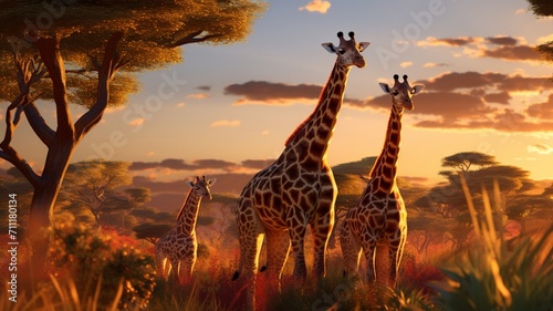 Giraffe Family Enjoying a Serene Moment Amidst Lush Greenery - AI-Generative