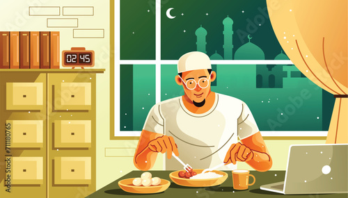 A Muslim's Sahur in Ramadan Illustration