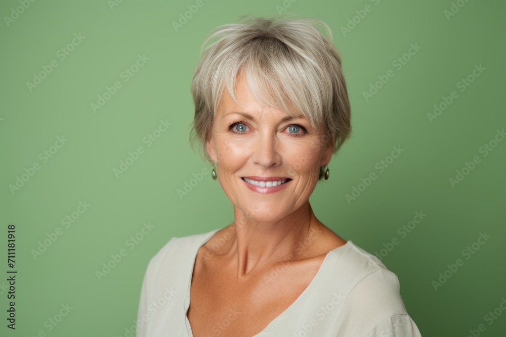 Portrait of smiling senior woman with short hair against green background. Portrait of smiling senior woman with short hair against green background.