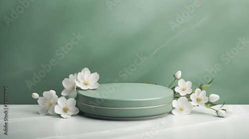 Elegant Green Podium Surrounded by Blossoming Flowers