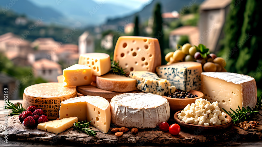A variety of cheeses on a wooden board, old town in the background. Ai generated.