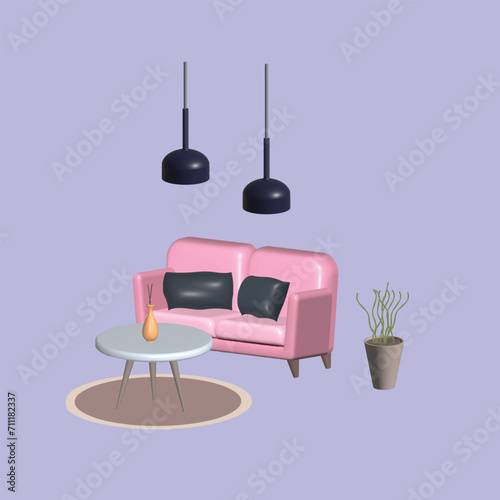 Living room with furniture. Home interior design concept. Realistic 3d object cartoon style.