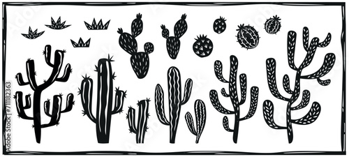 Cacti, succulents. Desert landscape elements. Brazilian cordel woodcut vector. photo
