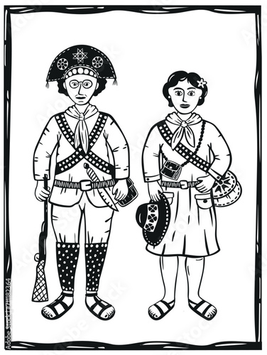 Couple from Cangaceiros from northeastern Brazil. Lampião and Maria Bonita. Cordel style woodcut vector