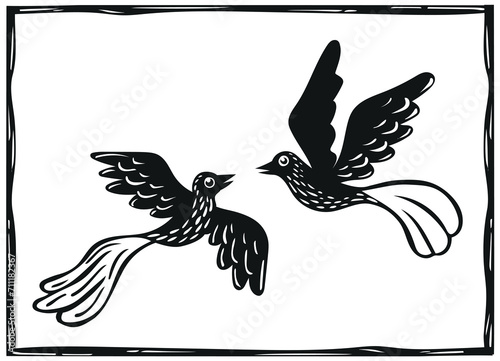 Birds in woodcut style. Cordel style vector from northeast Brazil.