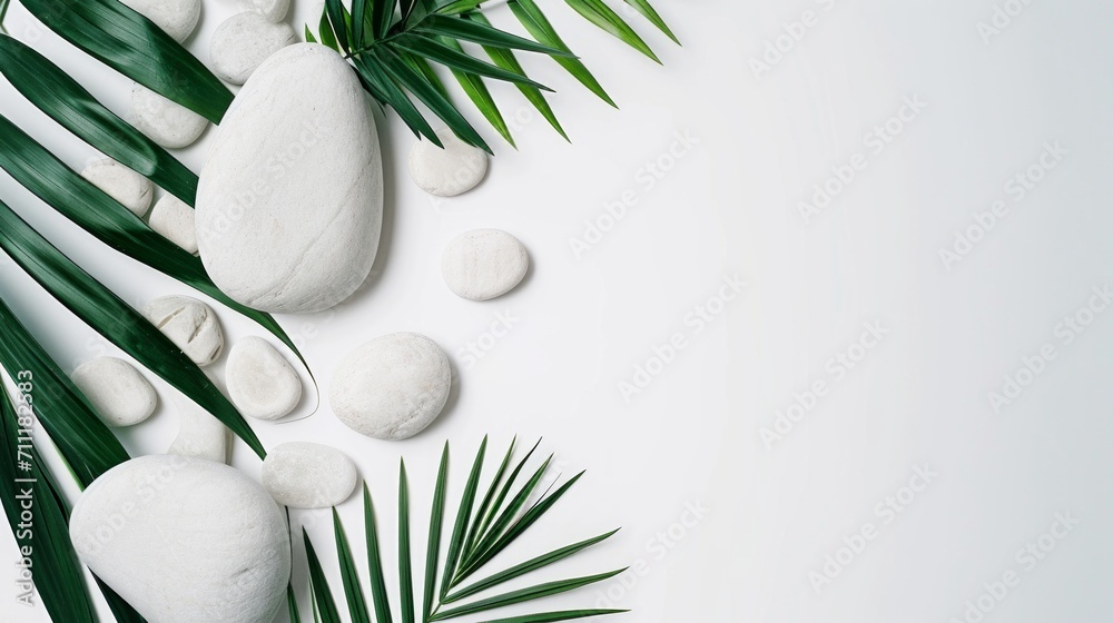 Top view of natural white stones and palm leaves on a white background. Spa background, top view. A tropical summer background for luxury product placement - obrazy, fototapety, plakaty 