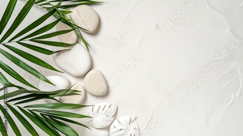 Top view of natural white stones and palm leaves on a white background. Spa background  top view. A tropical summer background for luxury product placement