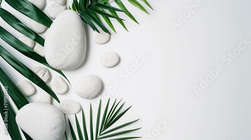 Top view of natural white stones and palm leaves on a white background. Spa background, top view. A tropical summer background for luxury product placement © ND STOCK