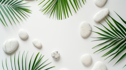 Top view of natural white stones and palm leaves on a white background. Spa background, top view. A tropical summer background for luxury product placement