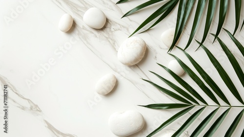 Wallpaper Mural Top view of natural white stones and palm leaves on a white background. Spa background, top view. A tropical summer background for luxury product placement Torontodigital.ca