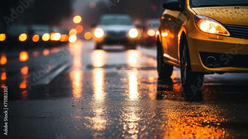 Rear view of cars with glowing lights on a wet city street during a downpour at dusk.