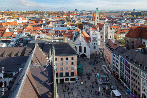 Aerial View of Munich's Marienplatz with Bustling Tourists