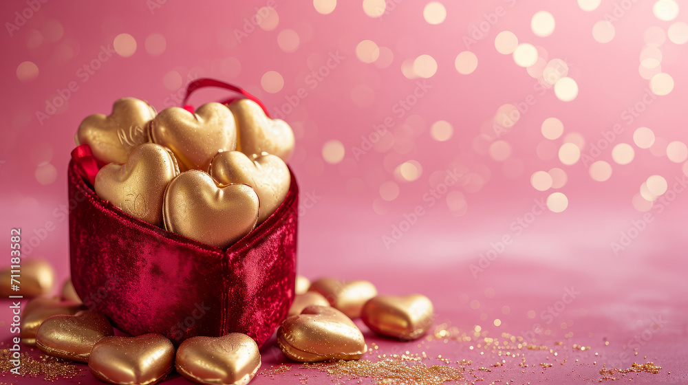 Gold chocolate hearths in red hearth shaped box on pink background , St. Valentine's day concept Gold chocolate hearths in red hearth shaped box on pink background , St. Valentine's day concept