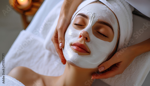 Spa specialist making mask to woman lying in spa beauty salon