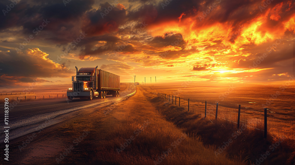 Fototapeta premium Delivery truck on the highway with sunset background.