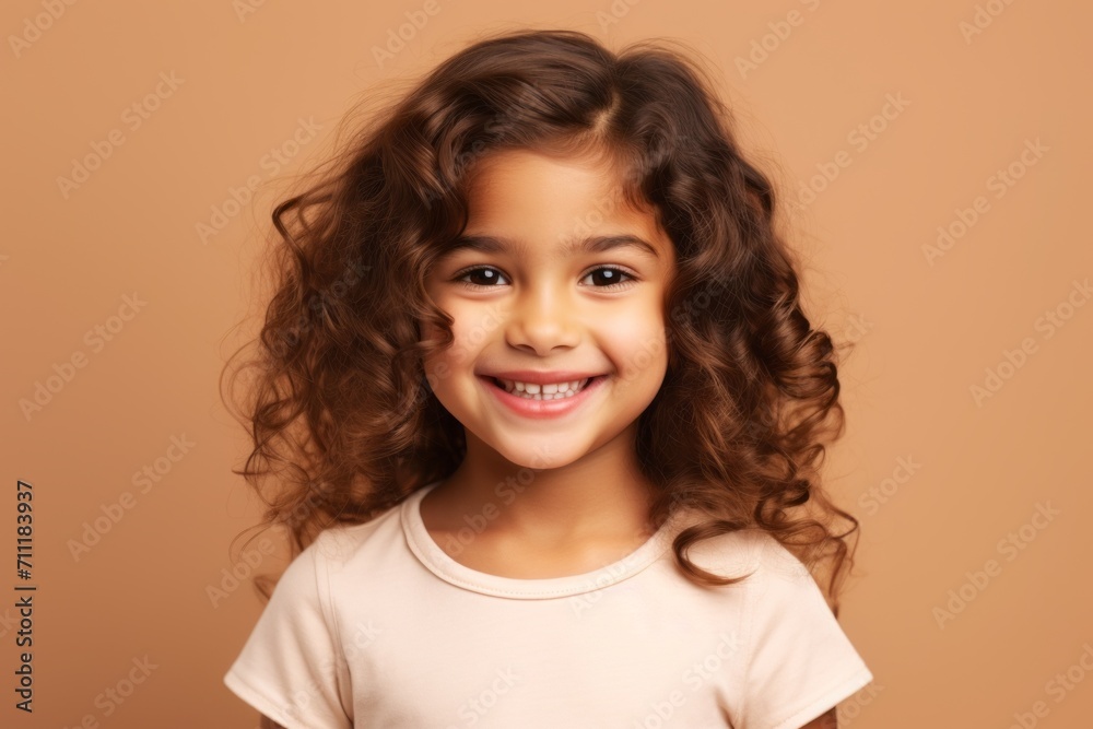 cute little girl with long curly hair smiling at camera over brown background cute little girl with long curly hair smiling at camera over brown background