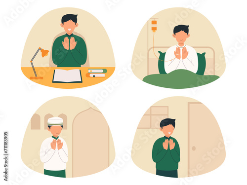 Illustration of Muslim man doing daily prayer collection