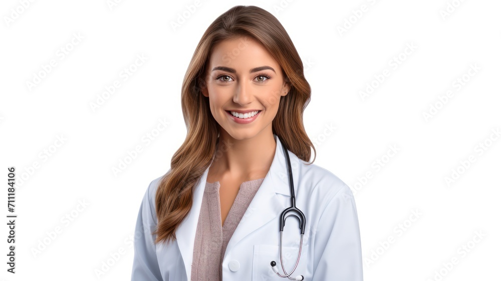 A Portrait of a beautiful happy young doctor on a white isolated transparent background. A Portrait of a beautiful happy young doctor on a white isolated transparent background.