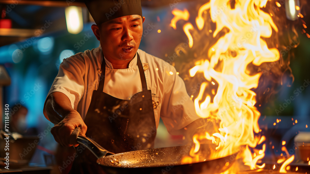 Asian professional chef cooking food in pan with fire flame