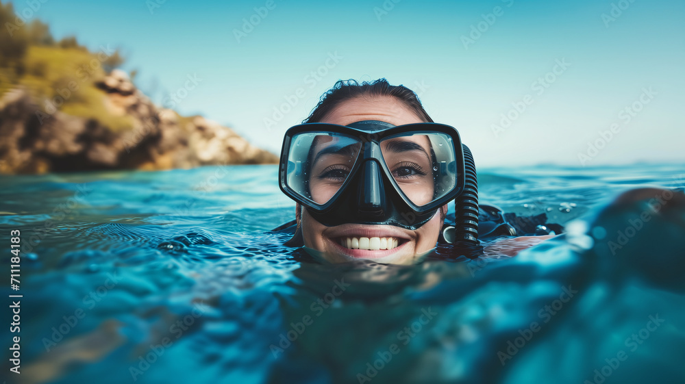 Naklejka premium Close-up of a happy woman above the sea surface after diving