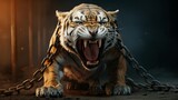 Fierce Tiger Roaring and Struggling Against Restraining Chains in a Powerful Display of Strength and Freedom - AI-Generative