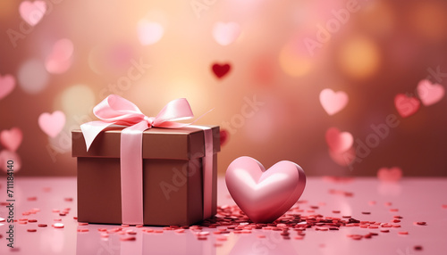 Valentine's day in a pink decoration background with balloon and gift box.