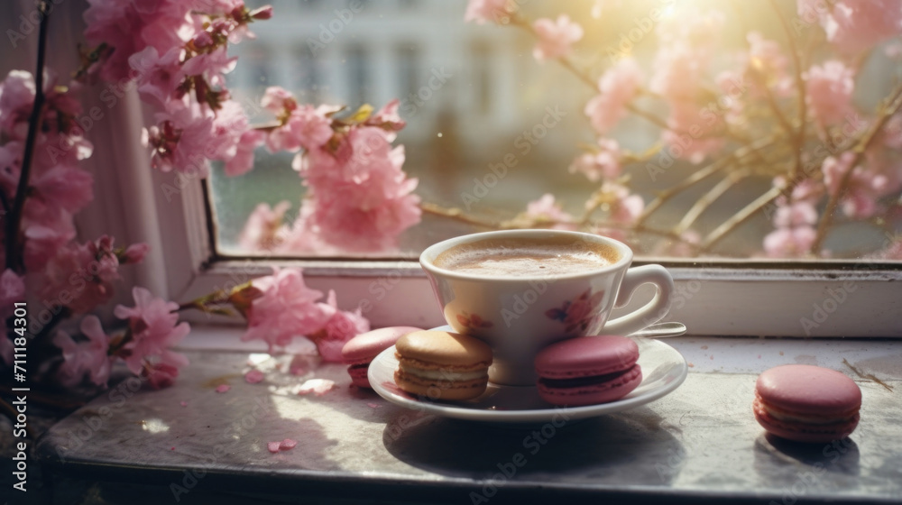 A cozy scene with a cup of coffee and colorful macarons on a windowsill beside blooming pink flowers. A cozy scene with a cup of coffee and colorful macarons on a windowsill beside blooming pink flowers.