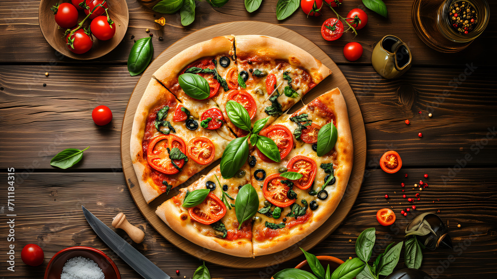 Delicious pizza on wooden table, top view