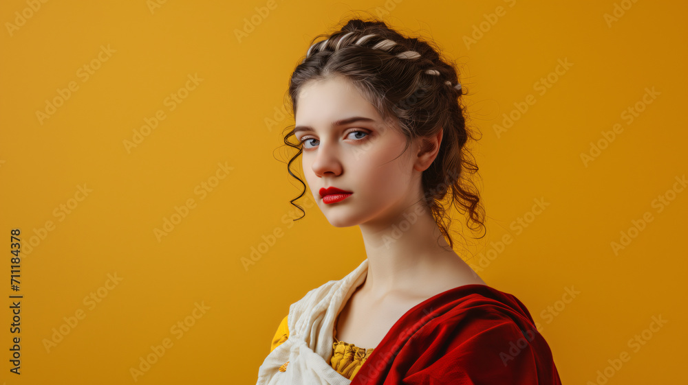 Portrait of a beautiful woman in ancient roman clothes isolated on a yellow background - obrazy, fototapety, plakaty 