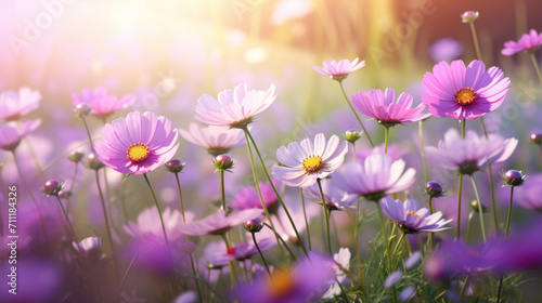 A field of delicate cosmos flowers captures the enchanting light of the golden hour, creating a dreamy landscape. © tashechka