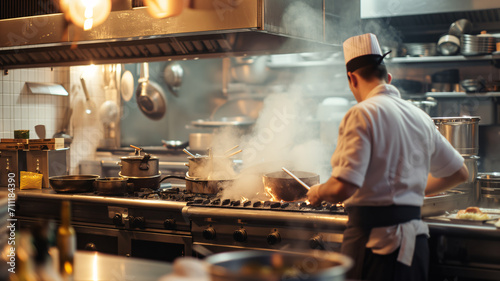 a chef is preparing a meal in a modern restaurant kitchen