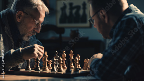 Focused man playing chess at table with his opponent
