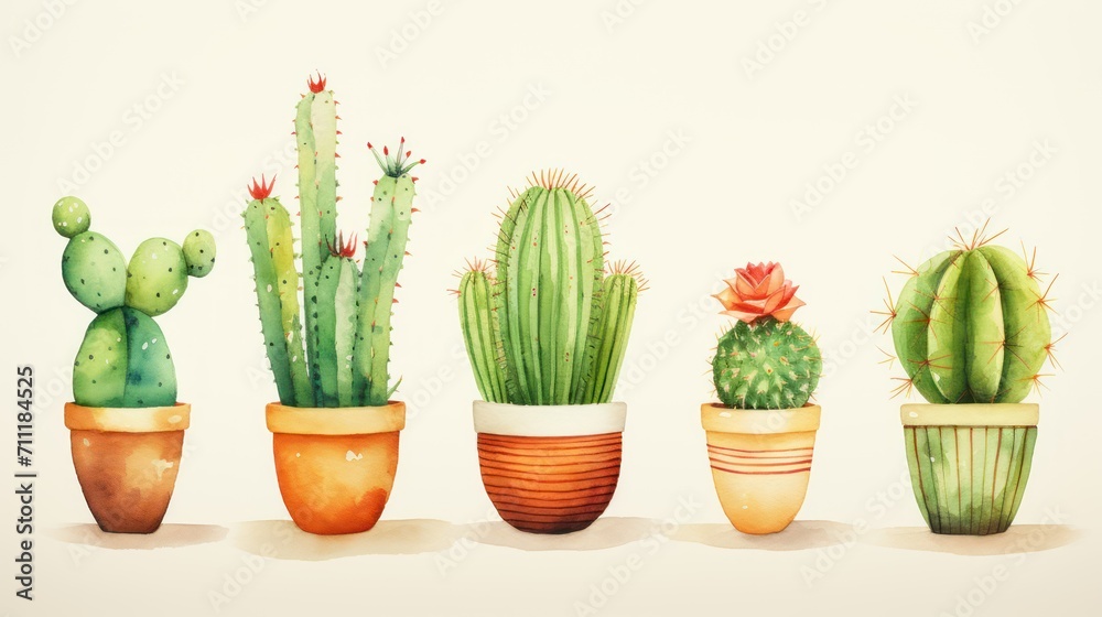 A watercolor style, minimal cartoon illustration of different cactuses, green, craft paper. A watercolor style, minimal cartoon illustration of different cactuses, green, craft paper.