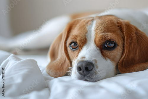 Beagle Lying on a White Bed