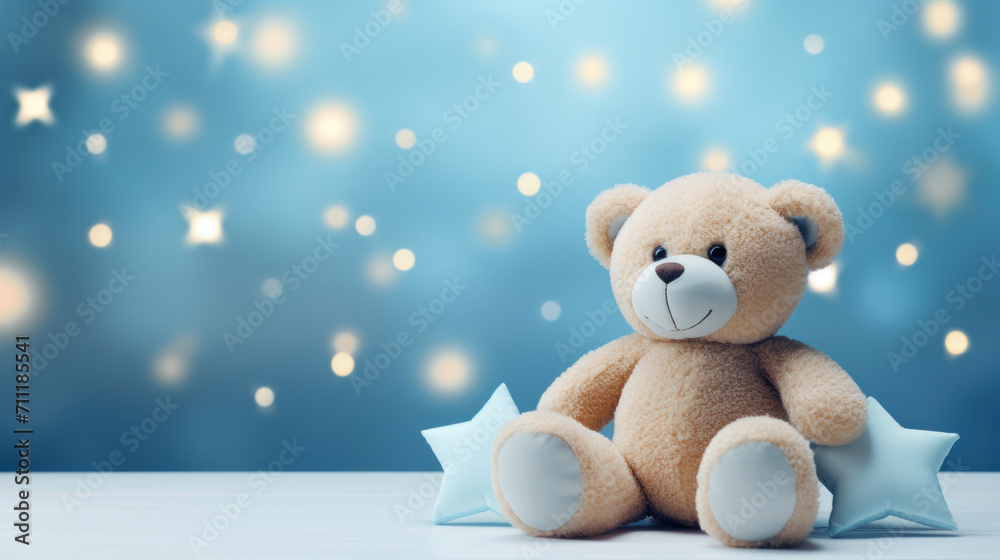 Adorable teddy bear sitting with blue stars, featured on a dreamy blue bokeh background. Adorable teddy bear sitting with blue stars, featured on a dreamy blue bokeh background.