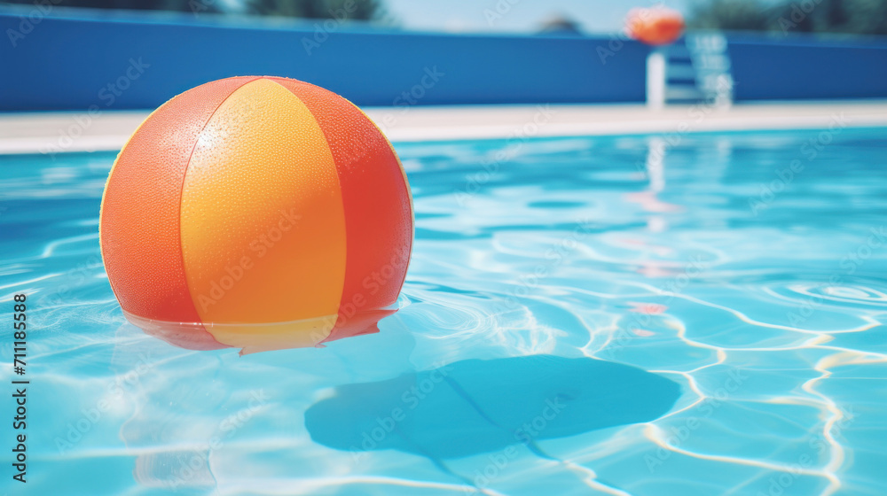A colorful inflatable beach ball floats on the calm waters of a sunlit swimming pool, evoking leisure and fun.