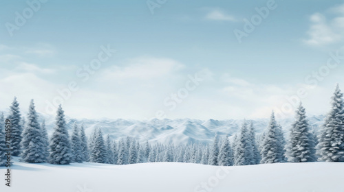 A tranquil winter scene showcasing a snow-covered forest with a distant mountain range under a clear blue sky.