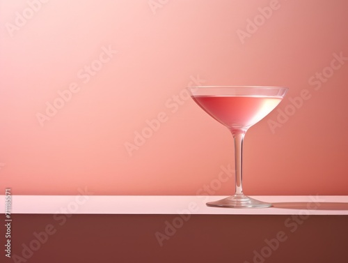 Cosmopolitan cocktail. Pink Drink in Wine Glass on Counter, Refreshing Beverage in Elegant Stemware