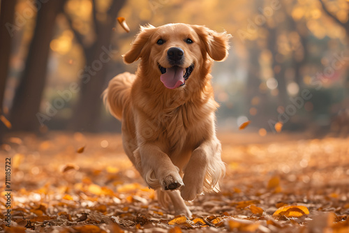 Playful Golden Retriever Running Through Autumn Park