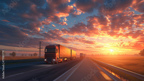 Delivery truck on the highway with sunset background.