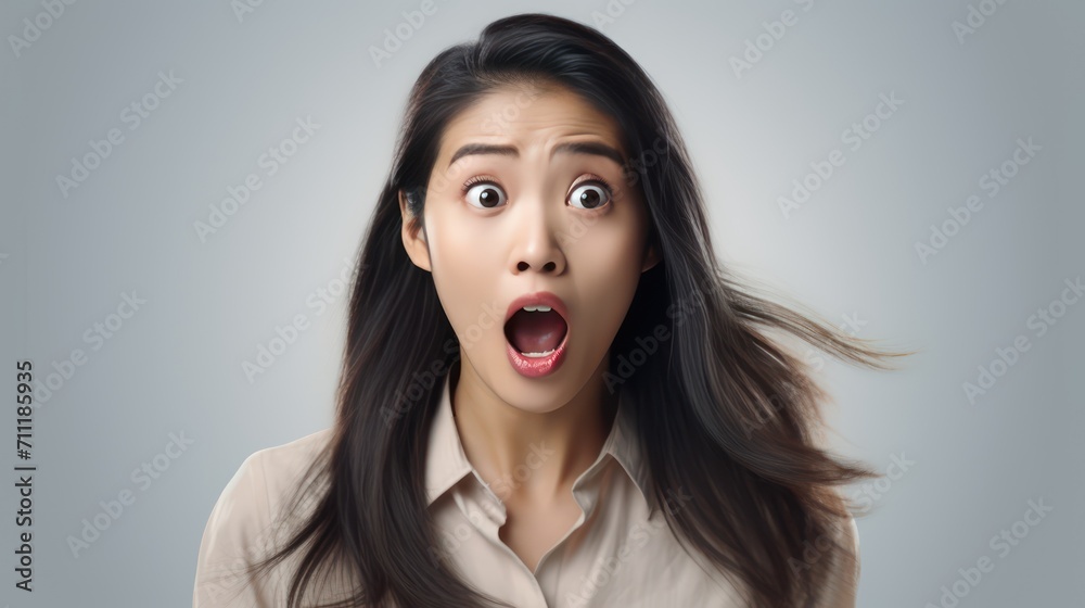 A Portrait of a beautiful Asian woman shocked on a white isolated transparent background. A Portrait of a beautiful Asian woman shocked on a white isolated transparent background.