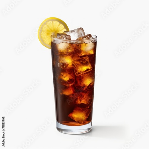 Long Island Iced Tea cocktail isolated on a white background. Refreshing Tall Glass With Ice and Lemon Slice