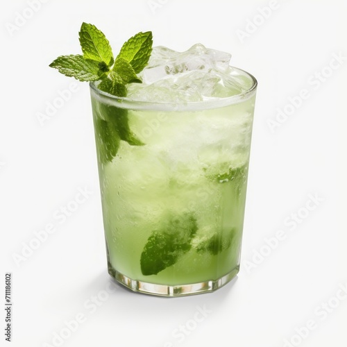 Mint Julep cocktail or Mojito on a white background. Refreshing Tall Glass Filled With Ice and Fresh Mint